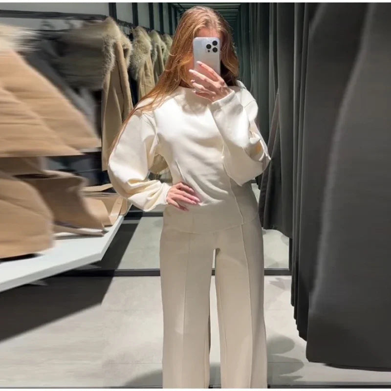 Women's Fashion Long-Sleeved Pleated Top and Wide-Leg Pants