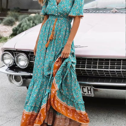 V-Neck High Waist Flowy Summer Dress