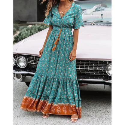 V-Neck High Waist Flowy Summer Dress