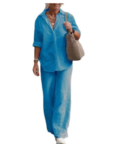 Two-piece blouse wide leg pants suit