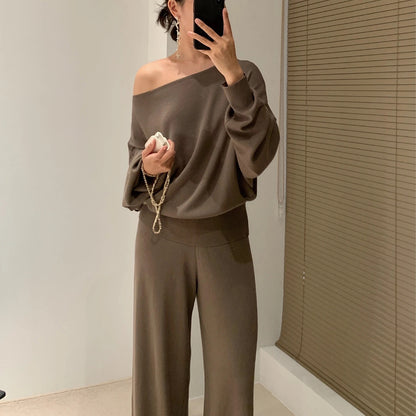 Women's Knitted Two-Piece Set with Off-Shoulder Top and Wide-Leg Pants