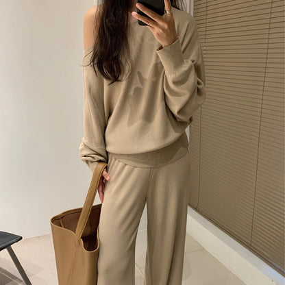 Women's Knitted Two-Piece Set with Off-Shoulder Top and Wide-Leg Pants