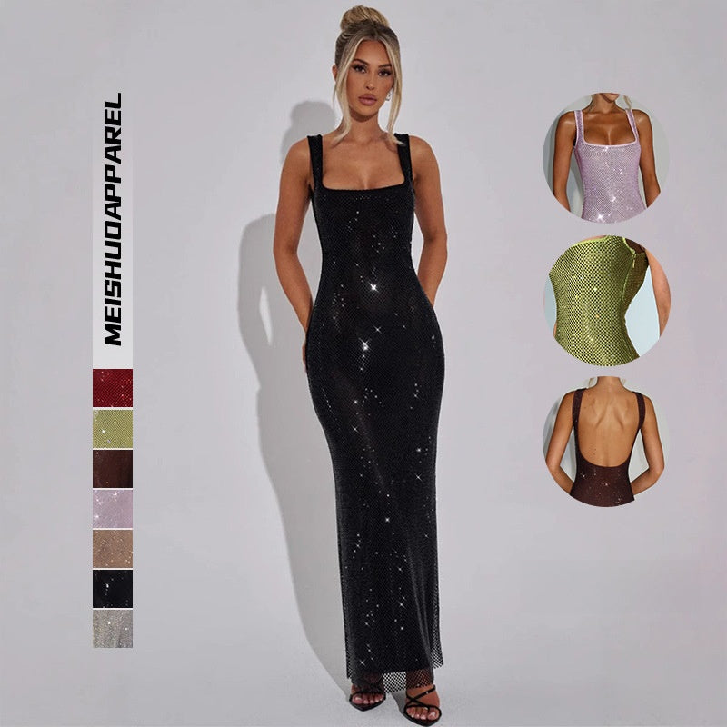 Sequin Mesh Diamond Straps Bodycon Dress