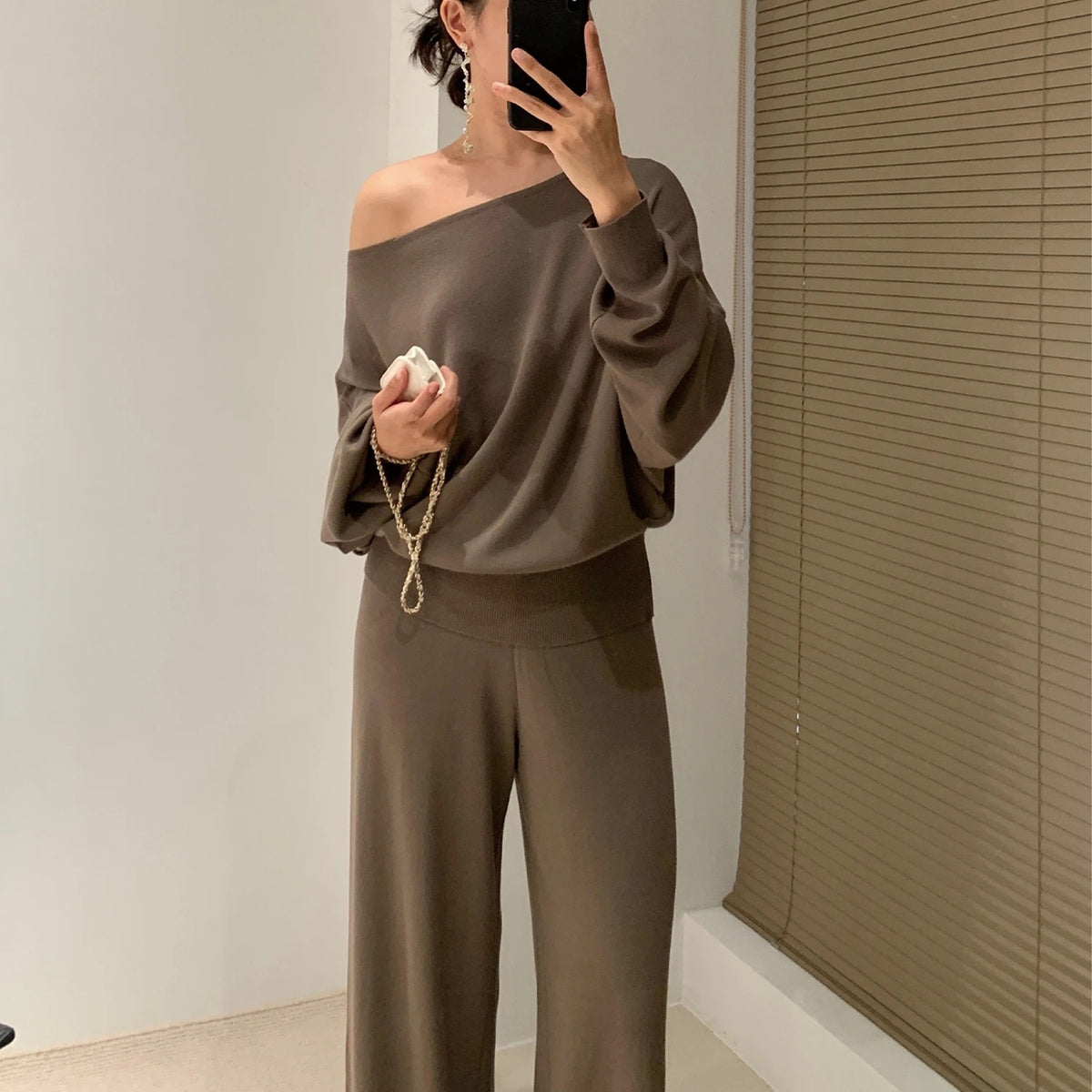 Women's Knitted Two-Piece Set with Off-Shoulder Top and Wide-Leg Pants