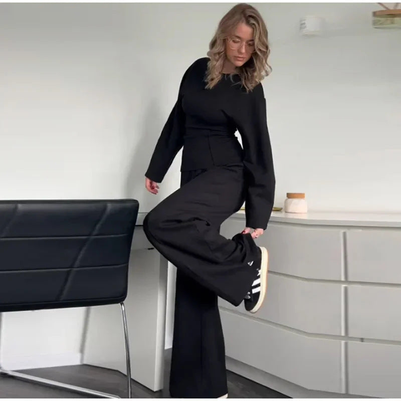 Women's Fashion Long-Sleeved Pleated Top and Wide-Leg Pants