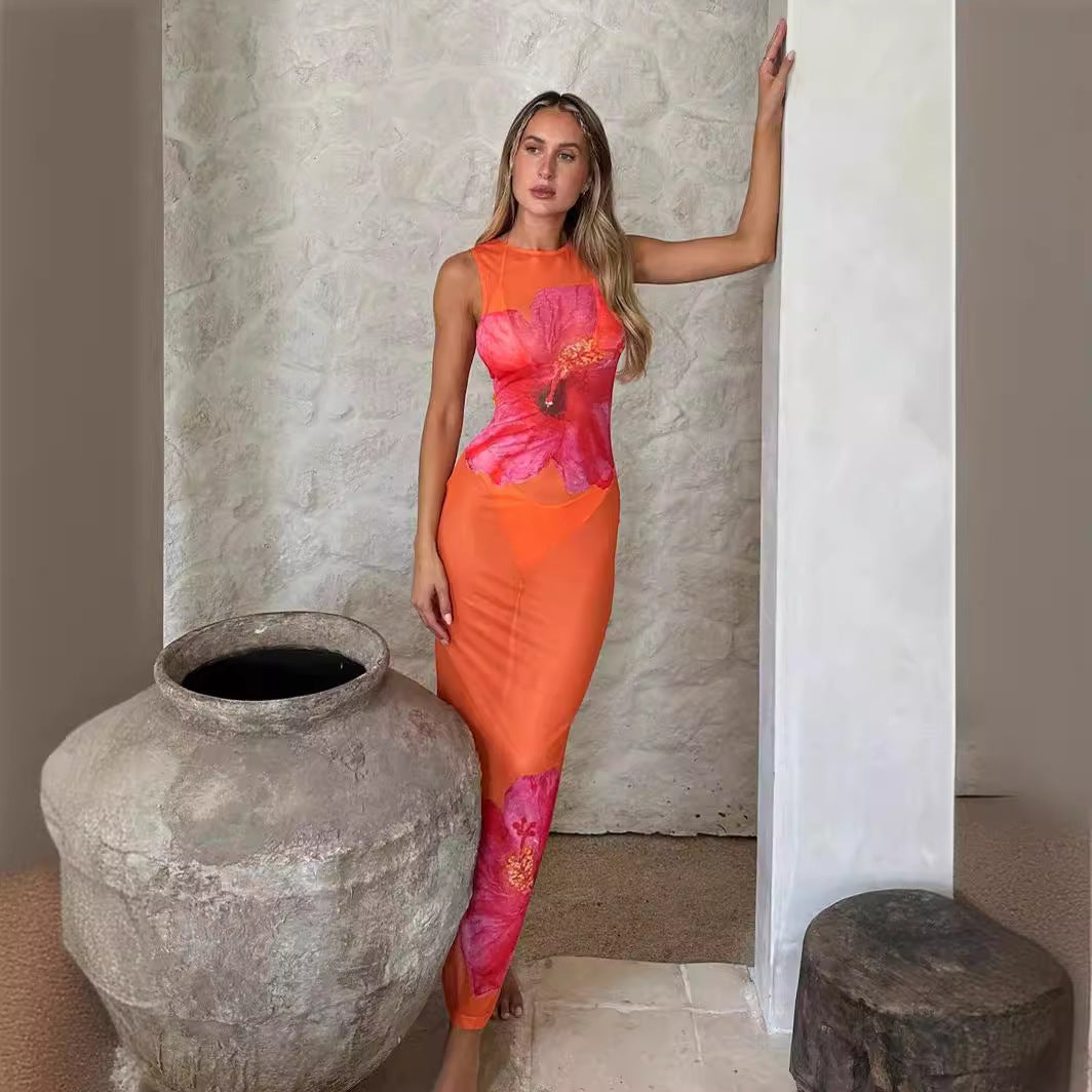 Floral Print Sleeveless Slim-fit Dress