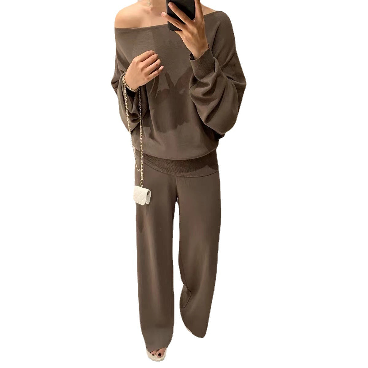 Women's Knitted Two-Piece Set with Off-Shoulder Top and Wide-Leg Pants