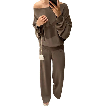 Women's Knitted Two-Piece Set with Off-Shoulder Top and Wide-Leg Pants